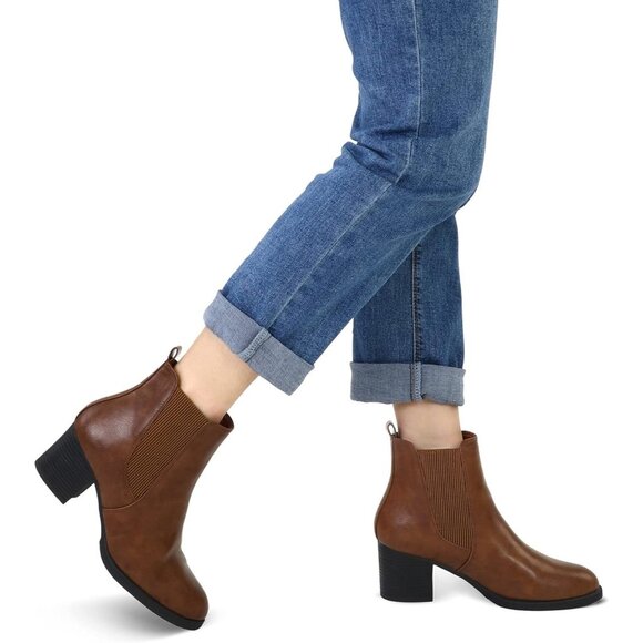 Women's Brown PU Chelsea Boots Chunky Block Heel Slip On Ankle Boot with Elastic - Picture 2 of 8